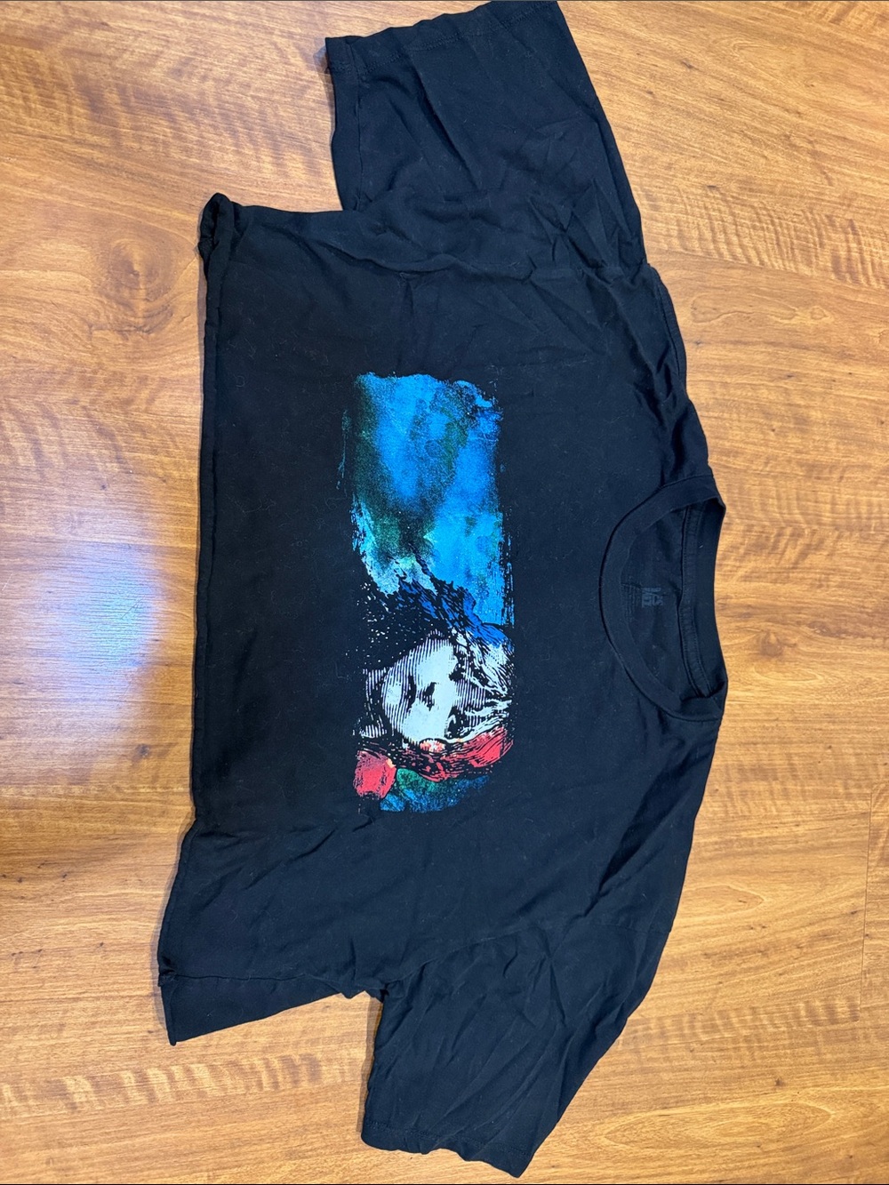 Black Graphic Les Miz T‑Shirt with Blue and Red Artwork